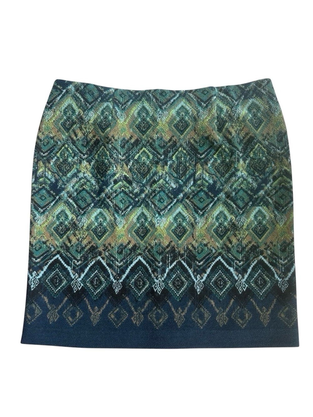J. Jill NWT Pull On Knit Geometric Blue Green Pencil Skirt Stretchy Lined Sz L